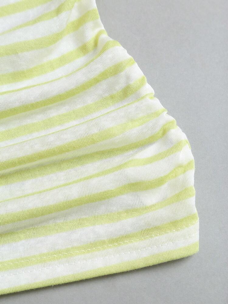 Sweetra Women's Summer Vacation Style Asymmetrical Shoulder Striped Sheer Back Tank Top - Green - View 6