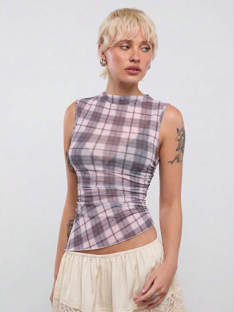 COUREZ Asymmetric Mesh Sheer Check Top Y2K 2000s Streetwear Going Out Day Time Everyday Rave Outfits Summer Grey Plaid Fall Women Back-To-School - Multicolor - View 6