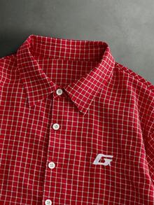Mainfolk 男士格紋拼接字母刺繡襯衫短褲套裝 - 紅色 - 查看 7