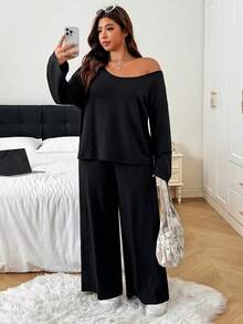 SHEIN EZwear Plus Size Women's Solid Color Round Neck Long Sleeve Top And Pants Casual Daily 2-Piece Set Fall - Black - View 7