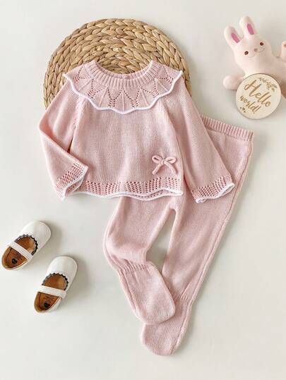 SHEIN Bộ 3 món áo len em bé màu xanh, áo tay dài cổ Peter Pan + quần legging + mũ thời trang, trang phục tối giản thường ngày cho trẻ sơ sinh
