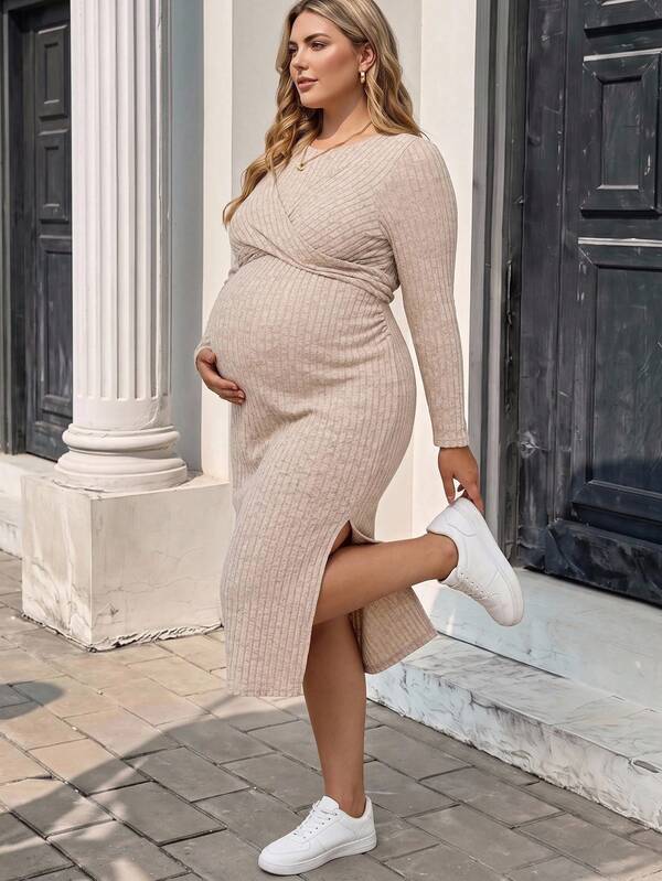 Plussiva Robe de maternité grande taille – Abricot, devant croisé, taille à nouer dans le dos – Style décontracté d'été pour baby shower