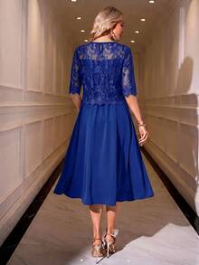 SHEIN Clasi Women's Round Neck Short Sleeve Lace Elegant Dress - Royal Blue - View 2