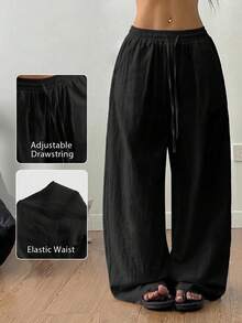 SHEIN PETITE CURVE بنطلون طويل مريح للنساء ذوات الحجم الكبير مع خصر مربوط وجيوب - الأسود - مشاهدة 8