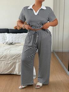 Napfluff CURVE Napfluff CURVE Black And White Striped Contrast Color Lapel V-Neck Short Sleeve Loose Fit Versatile Cute Plus Size Pajama Set Summer - Multicolor - View 3