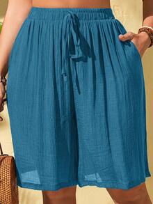Slaydiva Shorts de cobertura para mujer talla grande de unicolor con cintura con cordón y bolsillos - Azul - Ver 6