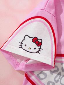 HELLO KITTY AND FRIENDS | SHEIN 1 buah Kaos Anak Perempuan Gaya Sporty yang Menyenangkan, Lengan Pendek Berkerah dengan Motif Kartun Leopard dan Bintang. - MultiWarna - View 6