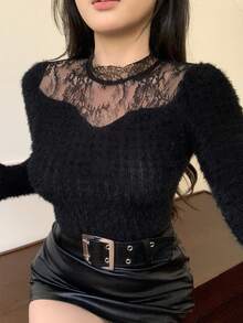 DAZY 秋季半高領長袖黑色毛絨蕾絲網紗拼接透視花卉婚宴修身上衣 優雅通勤女款T恤 - 黑色 - 查看 7