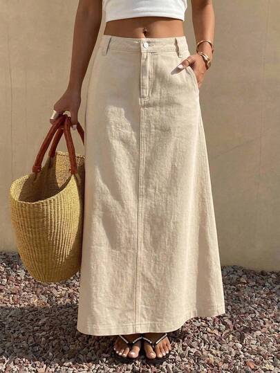 Livesso Spring Summer Autumn Loose Casual A-Line White Long Denim Skirt For Women