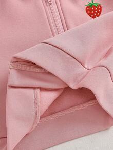 SHEIN 1件女嬰粉色純色保暖內裡加厚連帽拉鍊長袖毛絨保暖外套上衣，附草莓刺繡，休閒甜美可愛韓風外套，適合秋冬日常外出、上學、旅行、度假、派對等場合 - 粉色 - 查看 7