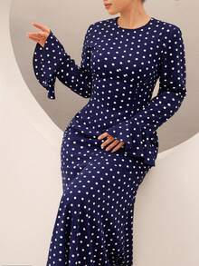 Graceveil Elegant Navy Blue High Neck Flared Sleeve Cinched Waist Mermaid Dress Office Evening Spring - Royal Blue - View 8