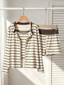 Tween Girls 2pcs/Set Casual, Versatile, Everyday, And Three Pieces Mini Set For Seasonal Transitions: Cardigan, Fitted Tank Top, And Loose Shorts - Yellow - View 3