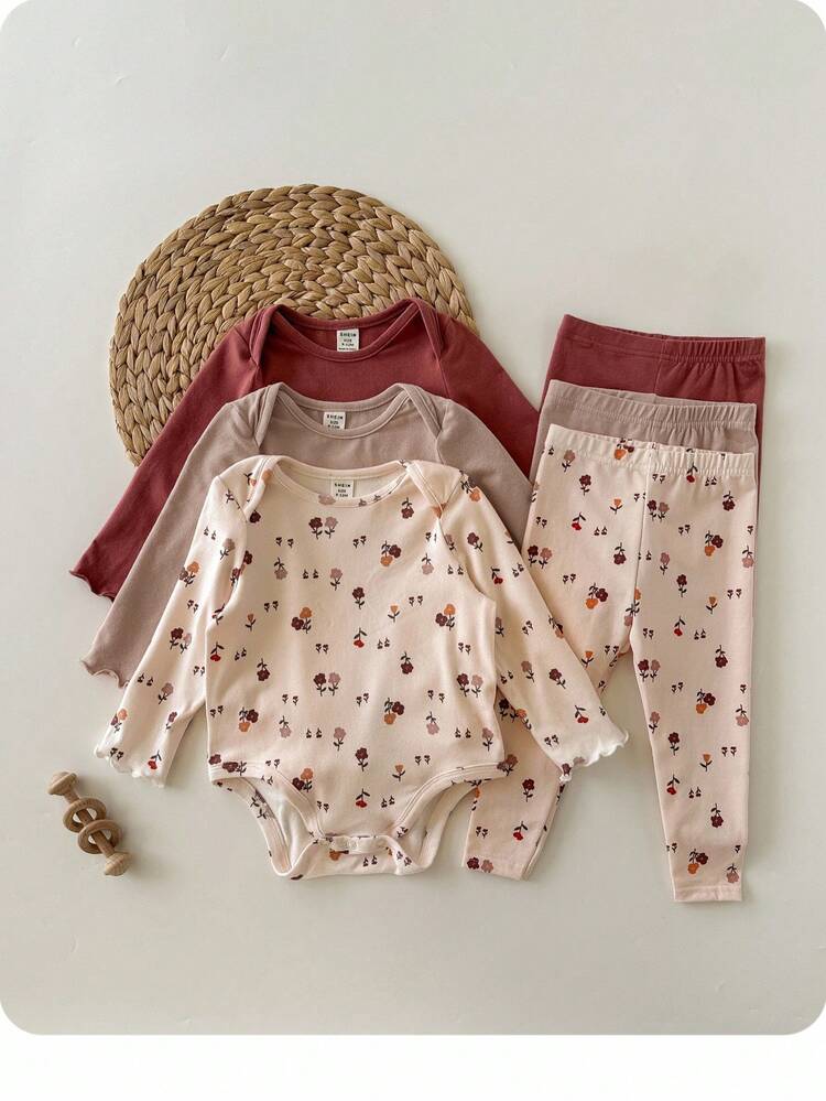 Baby Girl 3pcs Cute Casual Elastic Knit Floral Pattern Long Sleeve Bodysuits - Pink - View 10