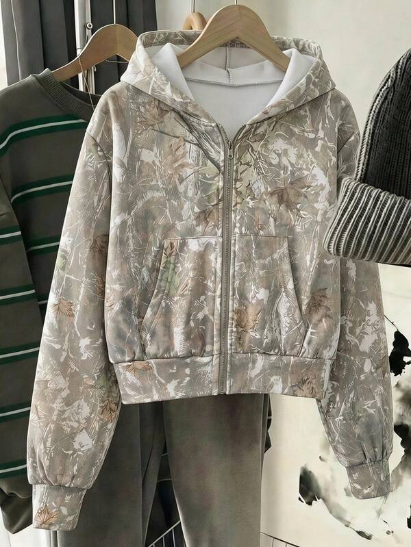 SHEIN Jaket Sweatshirt Lengan Pendek Panjang dengan Tudung, Saku, dan Resleting, Kasual Longgar Minimalis Nyaman untuk Pakaian Sehari-hari Remaja Perempuan, Cocok untuk Kembali ke Sekolah.