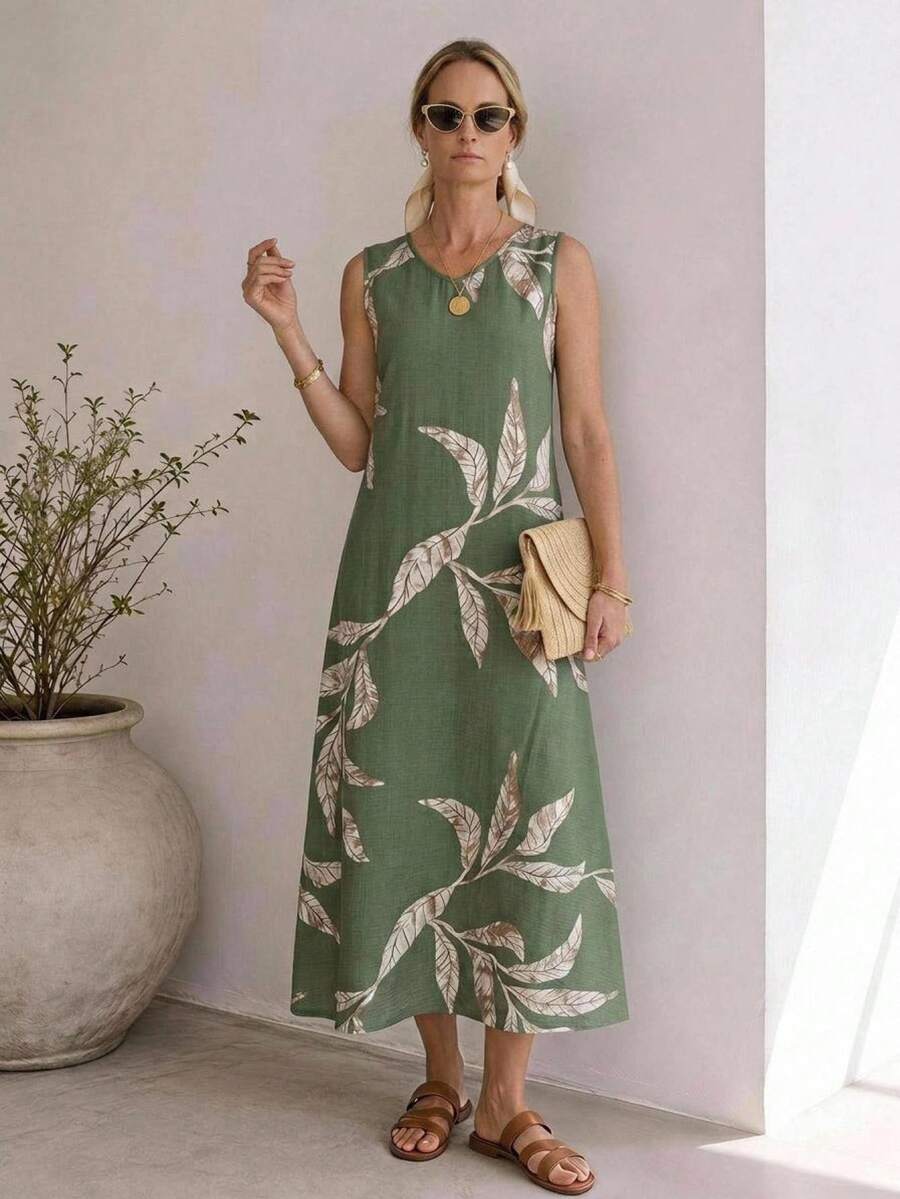 Faunlyn 女士休闲树叶图案V领连衣裙，适合春夏穿着