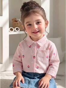 SHEIN Baby Girl Casual Plaid Korean Style Fresh Cute Long Sleeve Shirt Blouse, Suitable For Spring, Autumn, Winter, Versatile For Outings And Everyday Wear - Pink - View 1