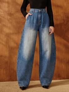 Anewsta Women's Fashion New Sparkling Rhinestone Embellished Vacation Light Blue Jeans Flared Pants Going Out Night Out Party Summer 90s Streetwear - Blue - View 6