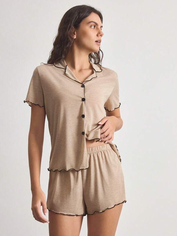 Ocili Women's Khaki Minimalist Lapel Open Front Frill Trim Lightweight Soft Draping Knit Gauze Fabric Short Sleeve Shorts, Casual Loungewear Pajama Set