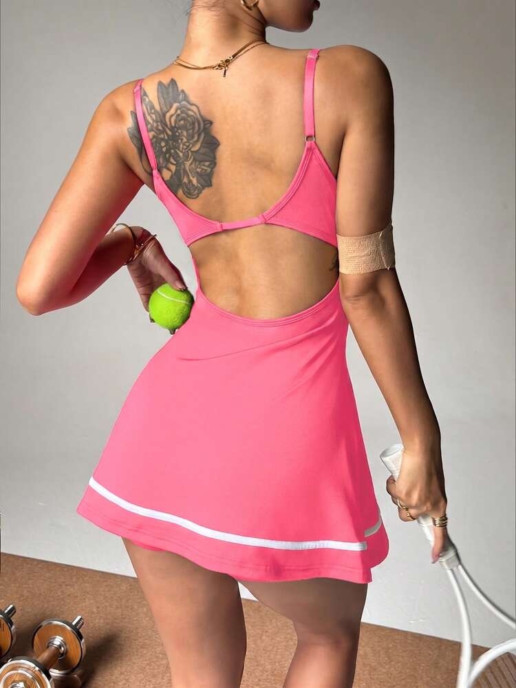 Dewbera Dewbera Adjustable Strap Contrast Stripe Hem Tankini Dress With Shorts, Suitable For Spring & Summer - Hot Pink - View 6
