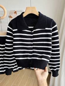 SHEIN Girls' Autumn/Winter Fashion Striped Knit Sweater Long Sleeve Cardigan & Black Skirt Set Pullover - Black - View 6