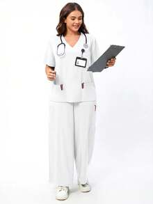 TaskEZ Women's Plus Size Surgical Gown Top And Pants Loose Two Pieces Set - White - View 5