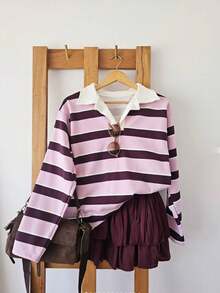 Muvela Women's Collared Long Sleeve Pink And Purple Striped Casual Preppy T-Shirt School Fall - Multicolor - View 1