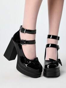 ROMWE Women Shoes Fashion Sexy Platform High Heels Shoes Punk Gothic Double Buckle Bow Party - Black - View 1