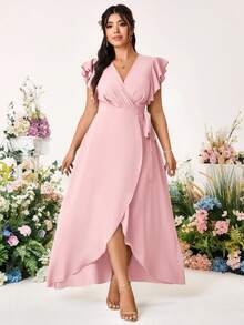 Allurite Plus Size Romantic Elegant Wedding Solid Color Cross V-Neck Tie Side Ruffle Sleeve Dress - Pink - View 6