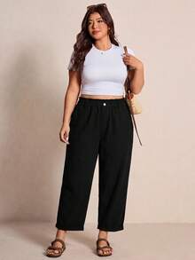 SHEIN EMERY ROSE CURVE 大尺碼時尚彈性腰鈕扣口袋牛仔褲 秋冬休閒正式 Y2K 商務鄉村風可愛牛仔女郎復古返校風 - 黑色 - 查看 3