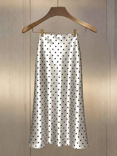 GlowEve CURVE Plus Size Cream White With Black Polka Dot Satin Mermaid Skirt For Women, High Waist Draped Slimming Acetate Skirt, Vintage Gentle Commute Plus Size Bodycon A-Line Skirt