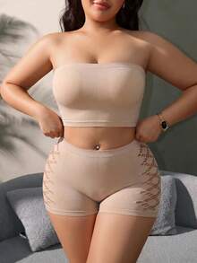 SHEIN 無縫大尺碼女款內衣套裝 2件組 - 杏色 - 查看 1