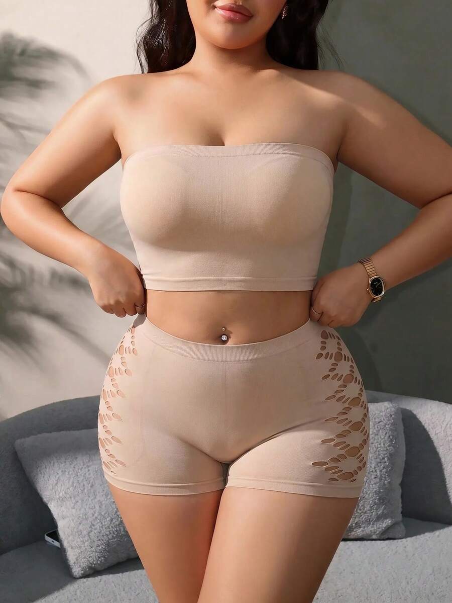 SHEIN 無縫大尺碼女款內衣套裝 2件組 - 杏色 - 查看 1