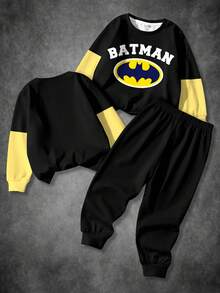 BATMAN X SHEIN Young Boy Colorblock Patchwork Letter Print Sweatshirt & Sweatpants Set - White - View 2