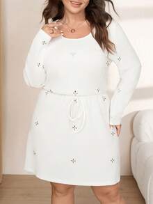 SHEIN LUNE Plus Size Striped Rhinestone Vintage Casual Elegant Fashion Autumn Dress Formal Morning Birthday White - Brown - View 4
