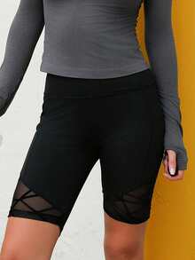 Nelanie Turli Flocked Mesh Splicing High Waist Seamless Sports Shorts Black - Black - View 5