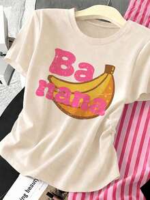 青少年女孩字母香蕉印花短袖T恤與條紋長褲休閒日常穿搭 - 白色 - 查看 5