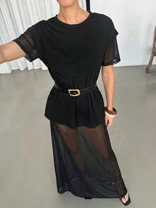 Lavishia 時尚透視蕾絲圓領短袖洋裝 - 黑色 - 查看 6