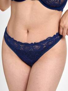Slumbrini 1 Set Women Plus Size Solid Color Lace Underwire Bra & Panty Set, Lift - Navy Blue - View 7