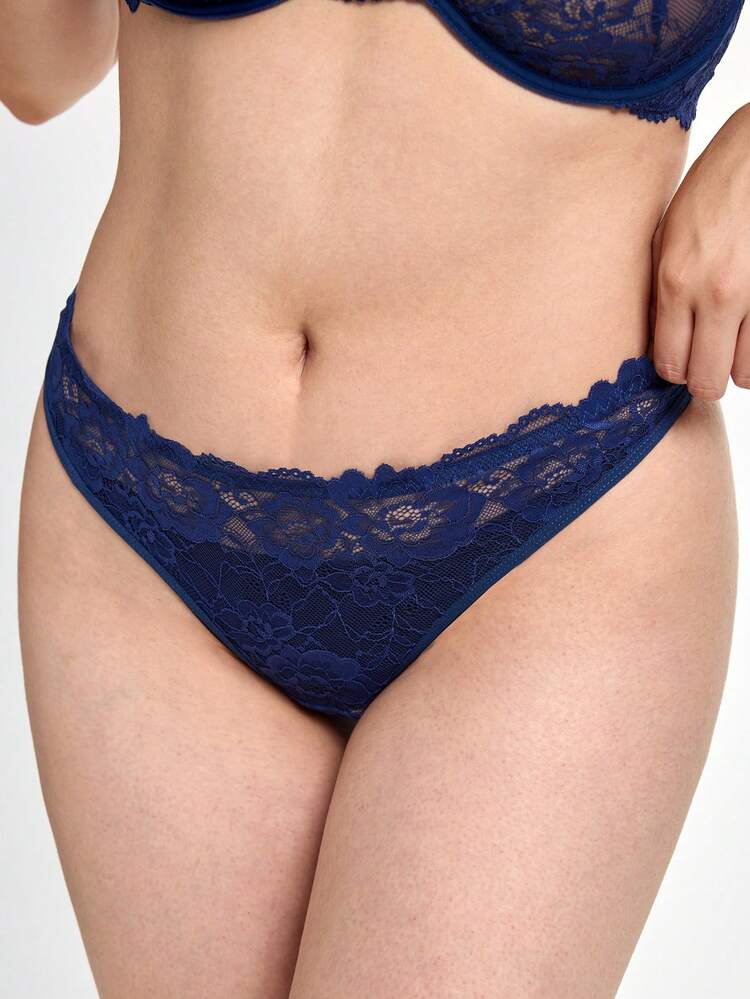 Slumbrini 1 Set Women Plus Size Solid Color Lace Underwire Bra & Panty Set, Lift - Navy Blue - View 7