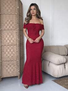 Jemour Off Shoulder Burgundy Textured Extra Long Mermaid Hem Dress, Red Summer Lace Casual Elegant - Red - View 1