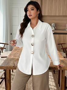 Weeklong Women's Plus Size Spring/Autumn Single Piece Stand Collar Metal Button White Shirt, Loose Drop Shoulder Style, Mature Casual Versatile Blouse Fall - White - View 5