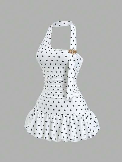 Sweetra Women's Polka Dot Metal Decor Pleated Casual Daily Outing Halter Neck Dress