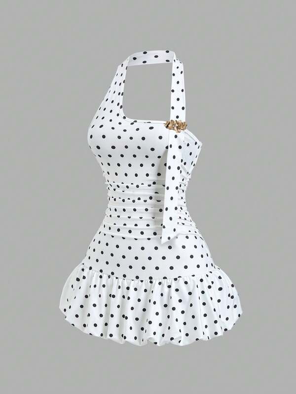Sweetra Women's Polka Dot Metal Decor Pleated Casual Daily Outing Halter Neck Dress