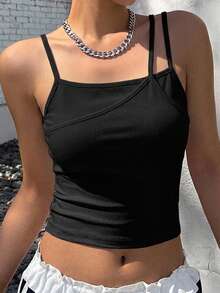 FRIFUL Women's Summer Solid Color Asymmetrical Camisole Top - Black - View 2