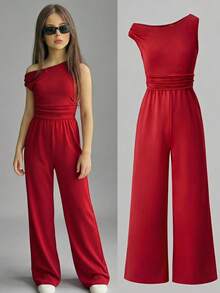 SHEIN Tween Girl Burgundy Jumpsuit, Elegant Asymmetric Neckline Design, High Waist Wide Leg Pants, Summer Party Birthday Wedding Guest Graduation Outfit - Red - View 1