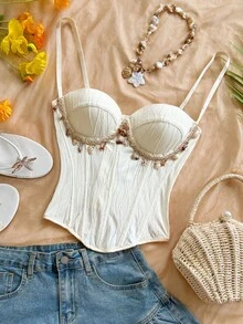 Soleia Women's Lace French Style Starfish Shell Tassel Decor Fishbone Top - White - View 3
