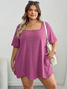 SHEIN CURVE+ 大码曲线/秋季服装/秋季女装/冬季女装/冬季服装大码方领不对称下摆口袋短袖T恤大码黑色上衣8XL女装6XL大码女装5XL大码大码上衣曲线，女士假日装扮女士秋季服装，冬季，曲线加大码 - 玫紅色 - 查看 4