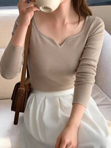 DAZY Women's Solid Color Elastic Ribbed Slim Fit Long Sleeve Pullover Knit Sweater, Casual Holiday Everyday Spring Autumn Top Vacation - Apricot - View 2