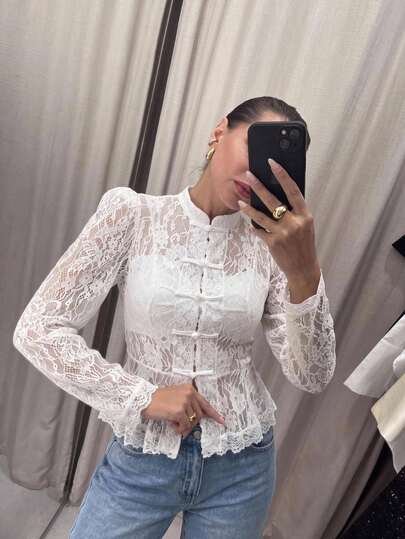 Serisse Blusa de manga larga con botones de rana estilo francés suave, encaje y plisado para mujer