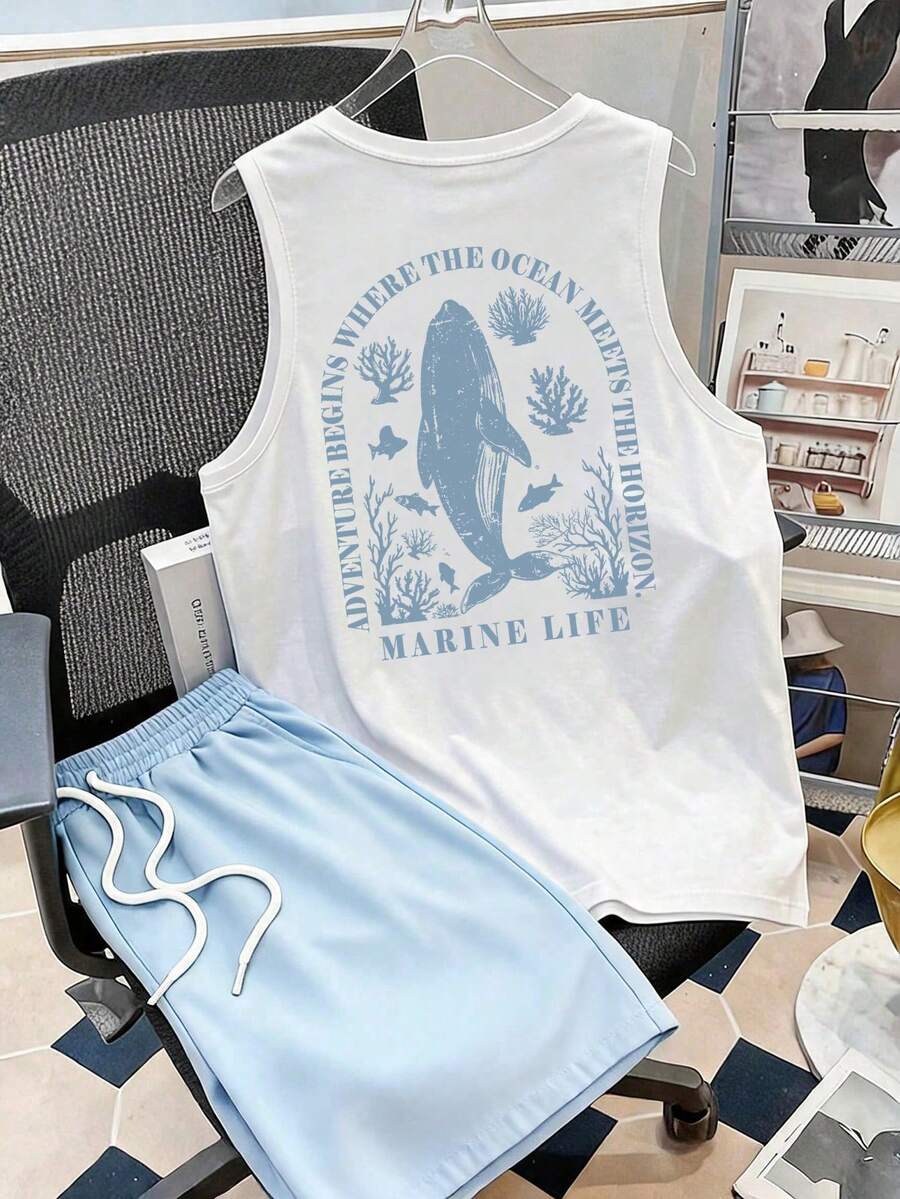 Manfinity Joysei 男士海洋生物印花背心與淺藍色梭織短褲套裝 - 藍色 - 查看 1